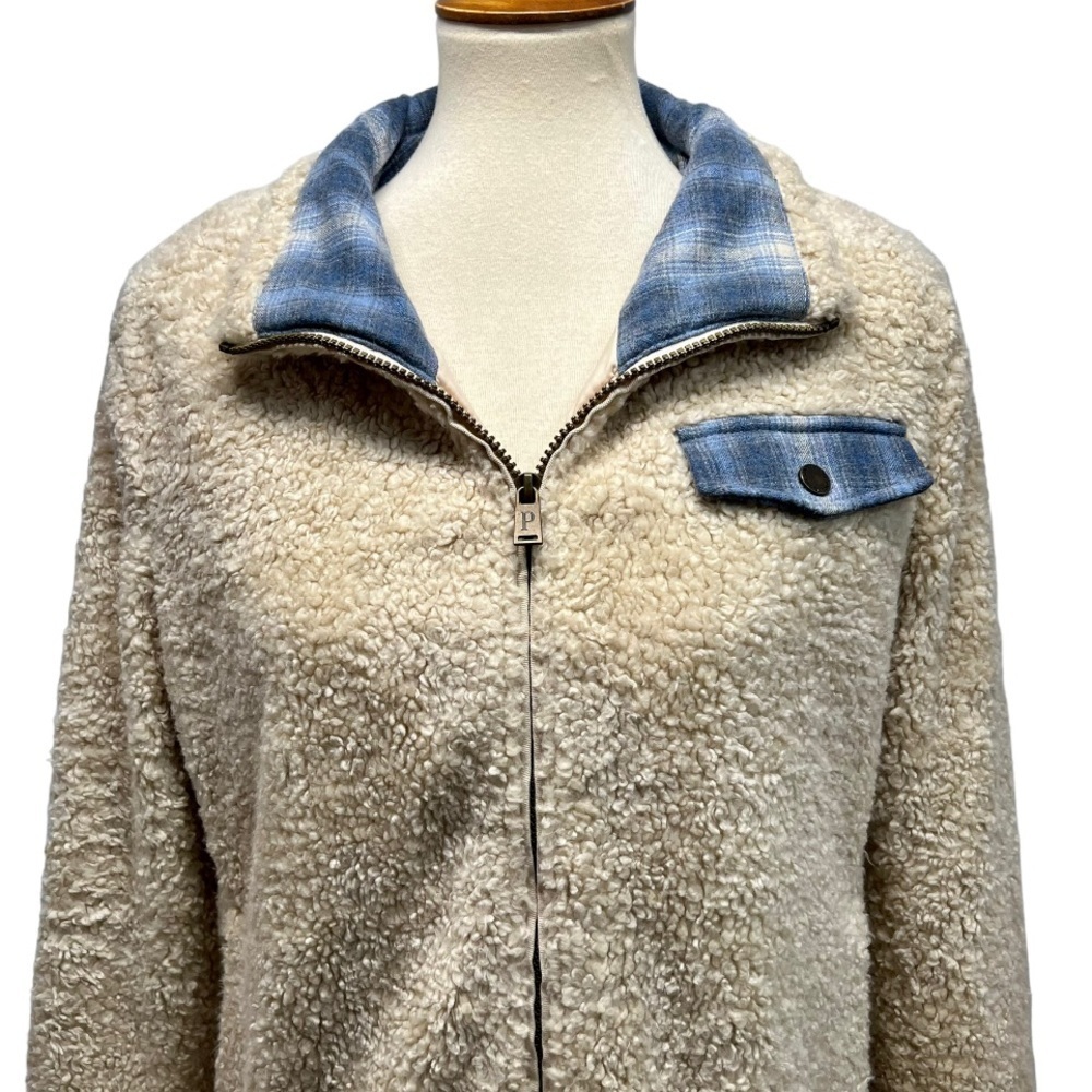 Pendleton Cream Sherpa Flannel Trim Full Zipper Teddy Coat Women’s Large - Picture 6 of 16